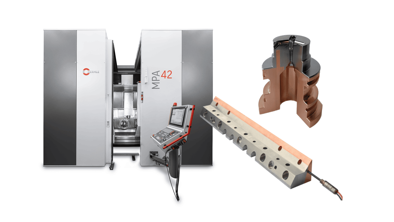 Die HERMLE MPA 42, links dargestellt, eröffnet als CNC-AM-Hybrid neue innovative Wege für die Fertigung komplexer Bauteile. Durch die MPA Technologie wird eine Vielzahl von Möglichkeiten realisiert, angefangen bei der Funktionsintegration (unten rechts, Düsenhälfte mit integriertem Heizelement) bis hin zur Kombination verschiedener Werkstoffe innerhalb eines einzigen Bauteils (oben rechts, Vorkammerbuchse aus vier verschiedenen Werkstoffen). (Copyright: Hermle)