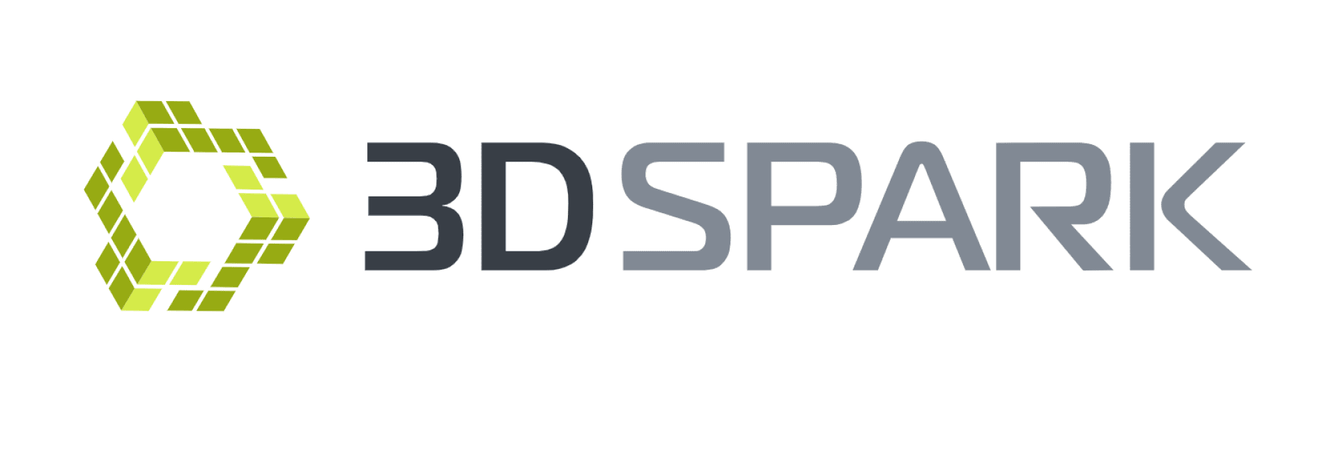 The logo displays the text 3D SPARK in bold, modern font, with 3D in black and SPARK in grey. To the left, there is a geometric hexagon made of green and yellow squares, forming a 3D effect.