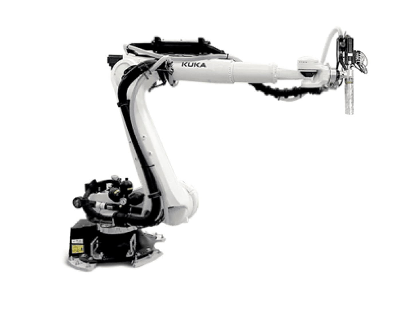 Ein weißer Industrieroboterarm mit der Aufschrift „KUKA“ mit mehreren Gelenken und einem am Ende befestigten Werkzeug, der für automatisierte Fertigungsaufgaben konzipiert ist und isoliert auf weißem Hintergrund dargestellt ist.