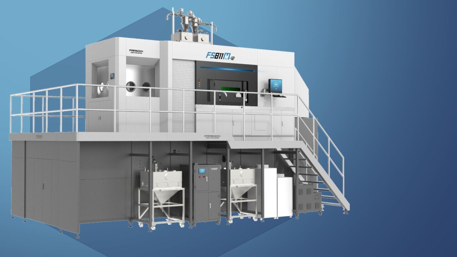 A large, industrial 3D printer with a white and gray exterior sits on an elevated platform with stairs and railings, displaying control panels and multiple access points against a blue background.