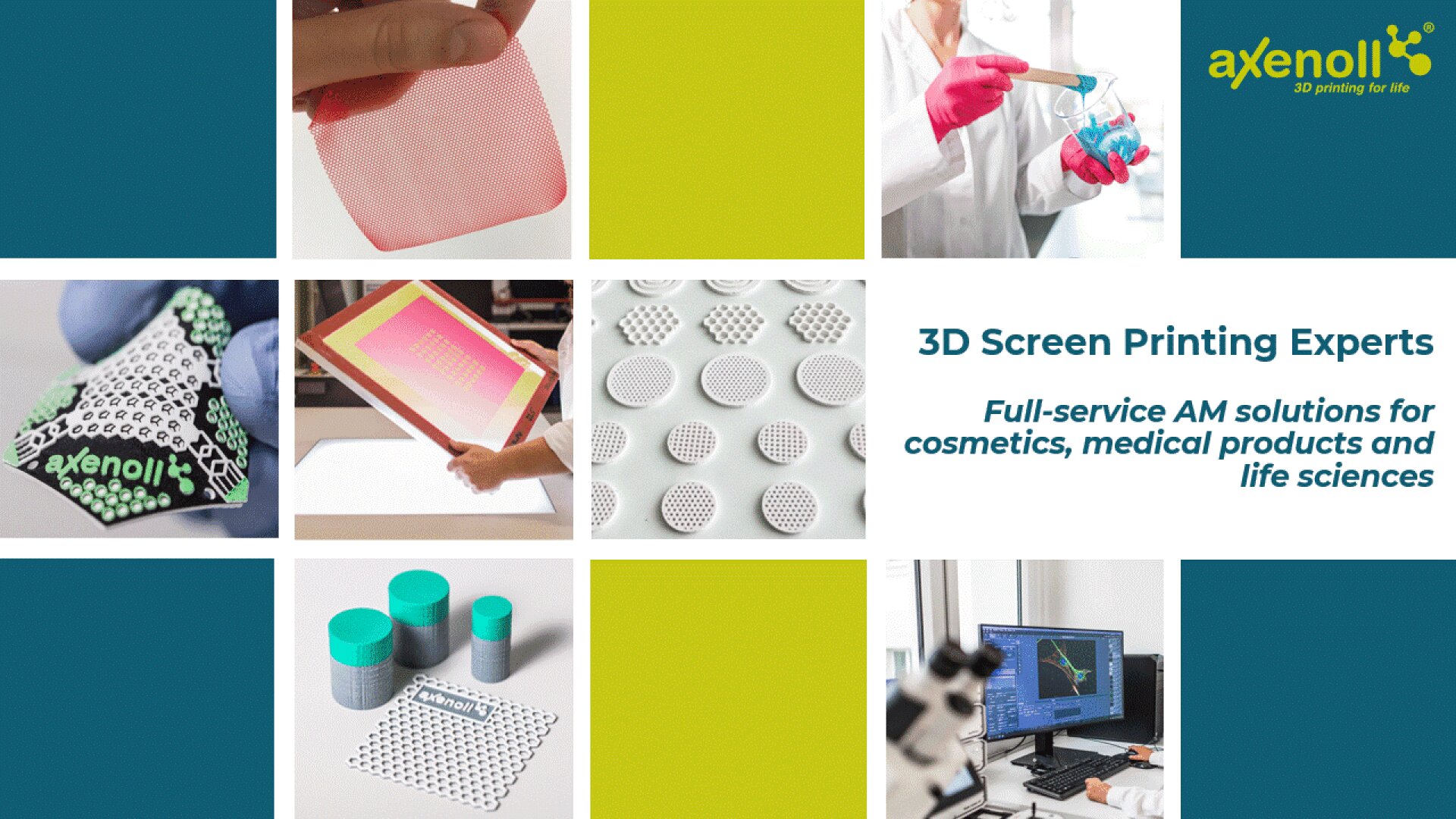 Eine Collage zeigt 3D-Siebdruckverfahren und -produkte, darunter gedruckte Gewebe, Laborarbeit, mikroskopische Analysen und gedruckte kreisförmige Muster. Der Text lautet: Experten für 3D-Siebdruck – Komplettlösungen für die additive Fertigung (AM) in den Bereichen Kosmetik, Medizinprodukte und Biowissenschaften.