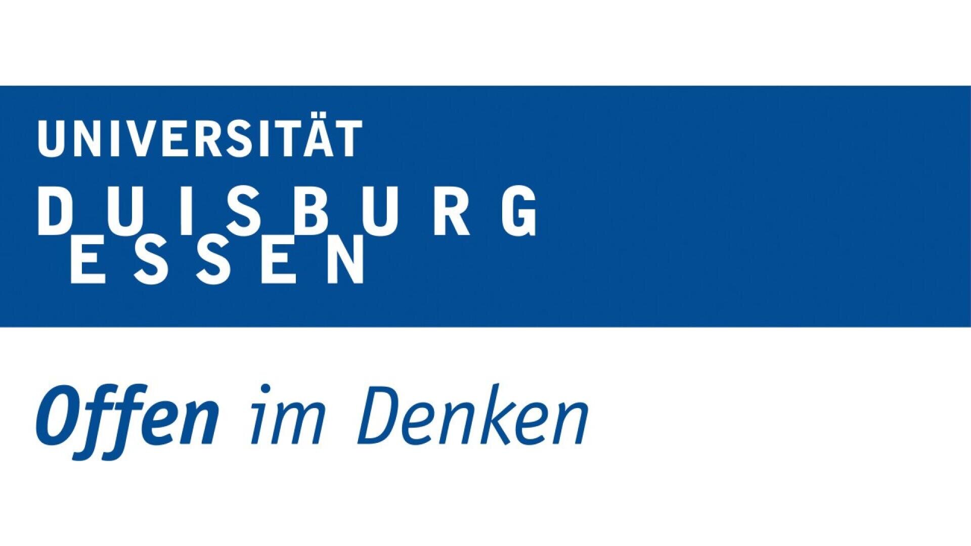 Logo of Universität Duisburg-Essen with the slogan Offen im Denken in blue and white, featuring the university name in bold white letters on a blue background.