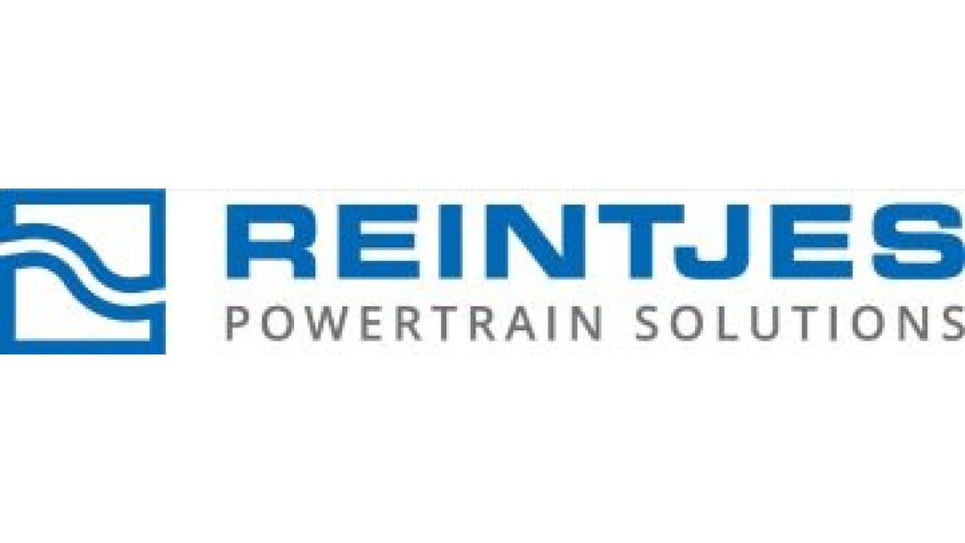 Logo for Reintjes Powertrain Solutions, featuring a blue abstract wave symbol on the left and the company name in bold blue letters with the tagline Powertrain Solutions beneath it.