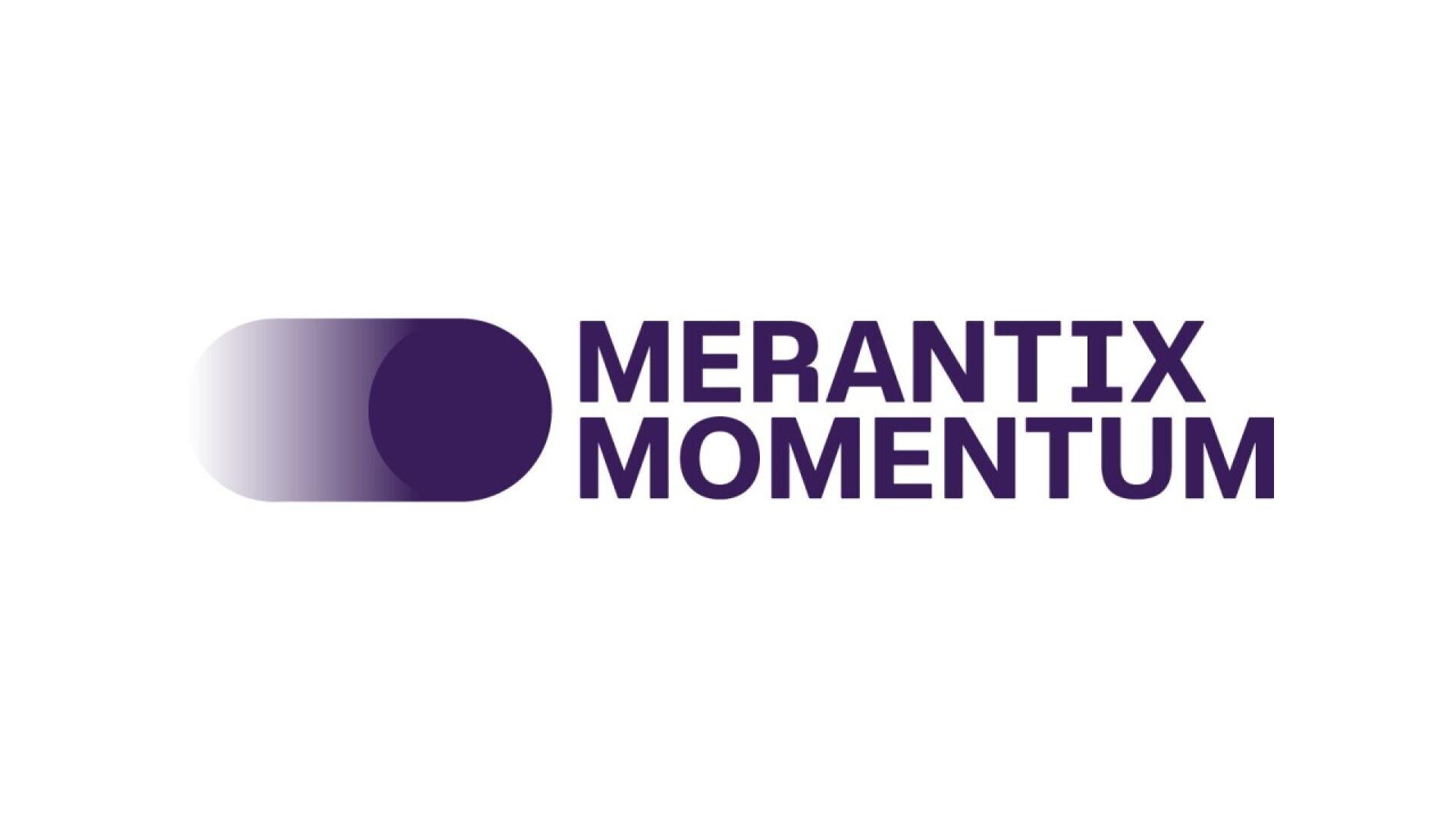Logo with a purple gradient pill shape and a dark purple circle on the left, next to the words Merantix Momentum in bold, uppercase purple letters on a white background.