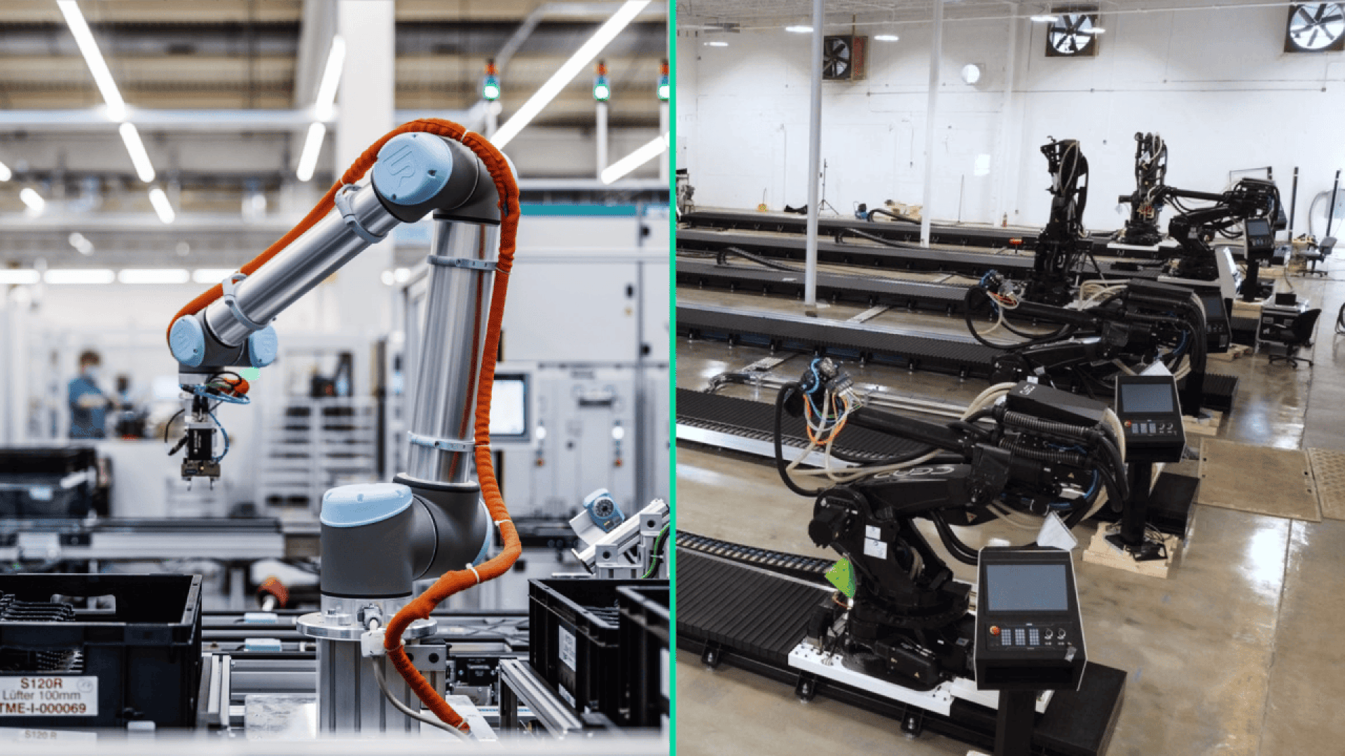 A split image shows a robotic arm working on an assembly line in a bright factory (left) and multiple industrial robots positioned in a spacious, modern manufacturing facility (right).
