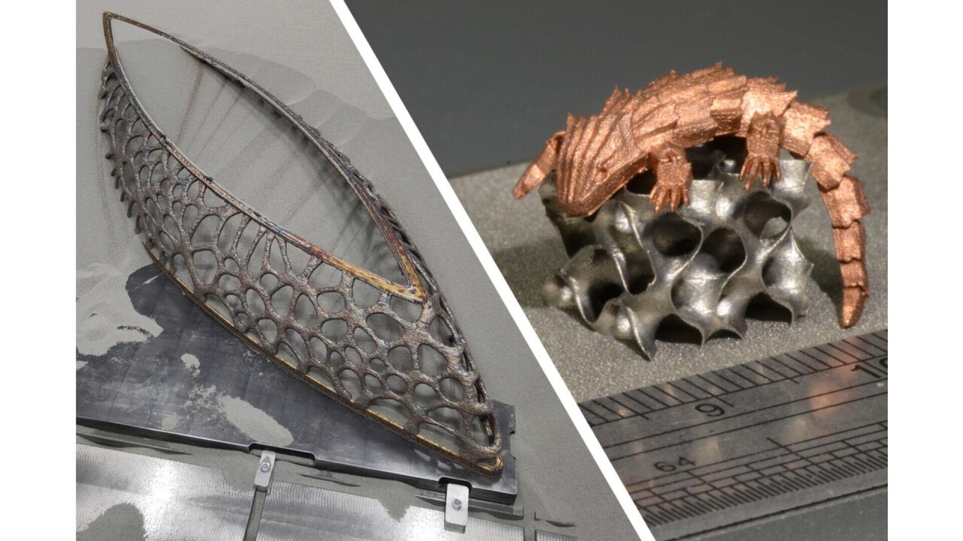 A split image shows a metallic, lattice-structured boat frame on the left and a small, brown, lizard-like 3D-printed sculpture resting on a porous metal base next to a ruler on the right.