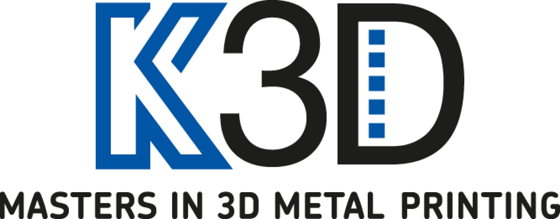 K3D-Logo mit „K3D“ in fetten blauen und schwarzen Buchstaben und darunter in schwarzen Großbuchstaben „MASTERS IN 3D METAL PRINTING“.
