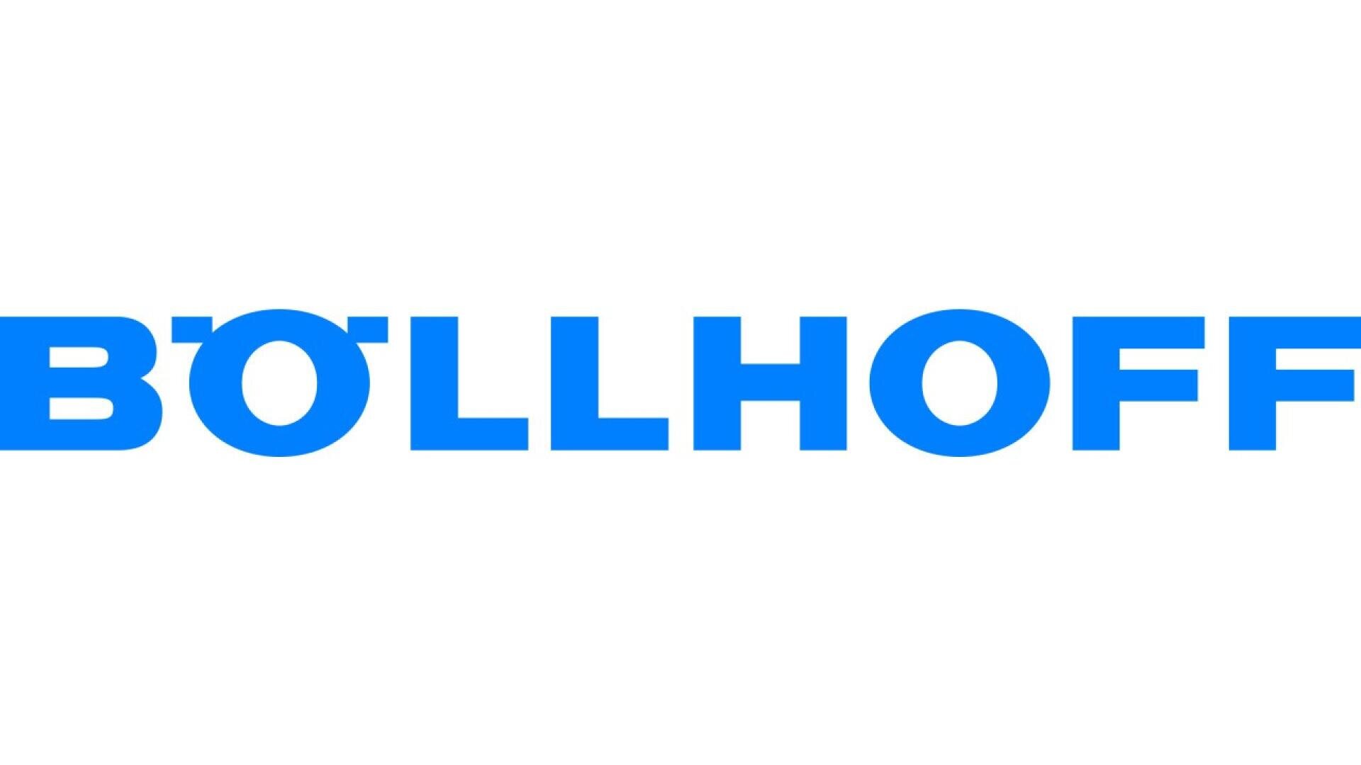 The image shows the word BÖLLHOFF in bold, uppercase blue letters on a white background. The letter O features two small blue rectangles attached to its top left and right sides.
