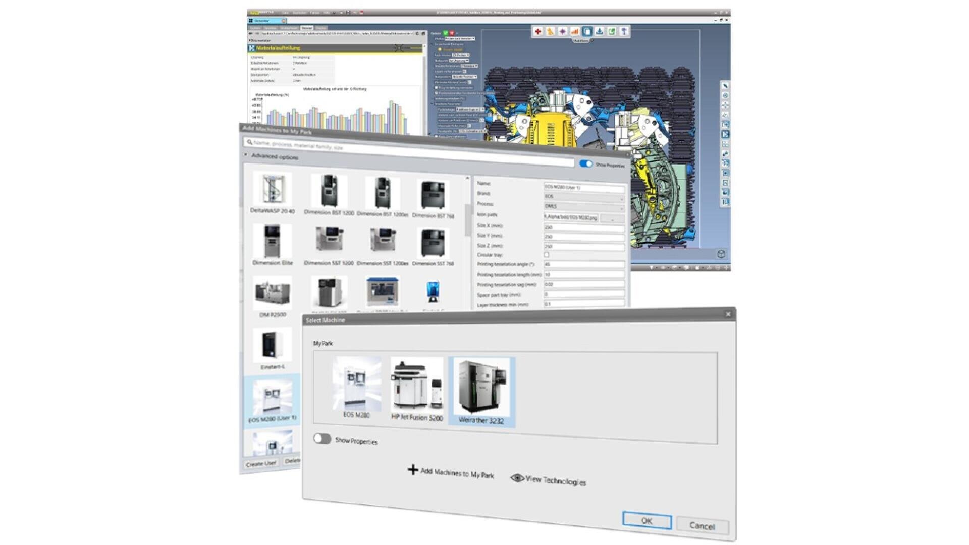 Three overlapping computer software windows display data charts, 3D modeling of machinery, and a list of printer devices, suggesting functionalities for device management and engineering design.