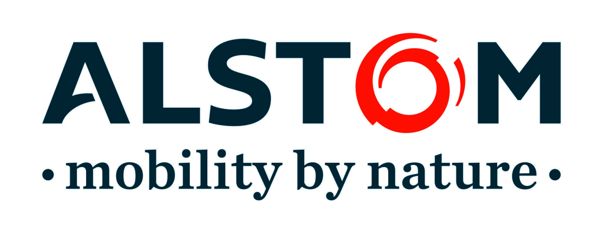 Alstom-Logo mit dem Slogan „Mobilität durch Natur“. Der Buchstabe O in Alstom ist mit einem roten Kreisdesign stilisiert.