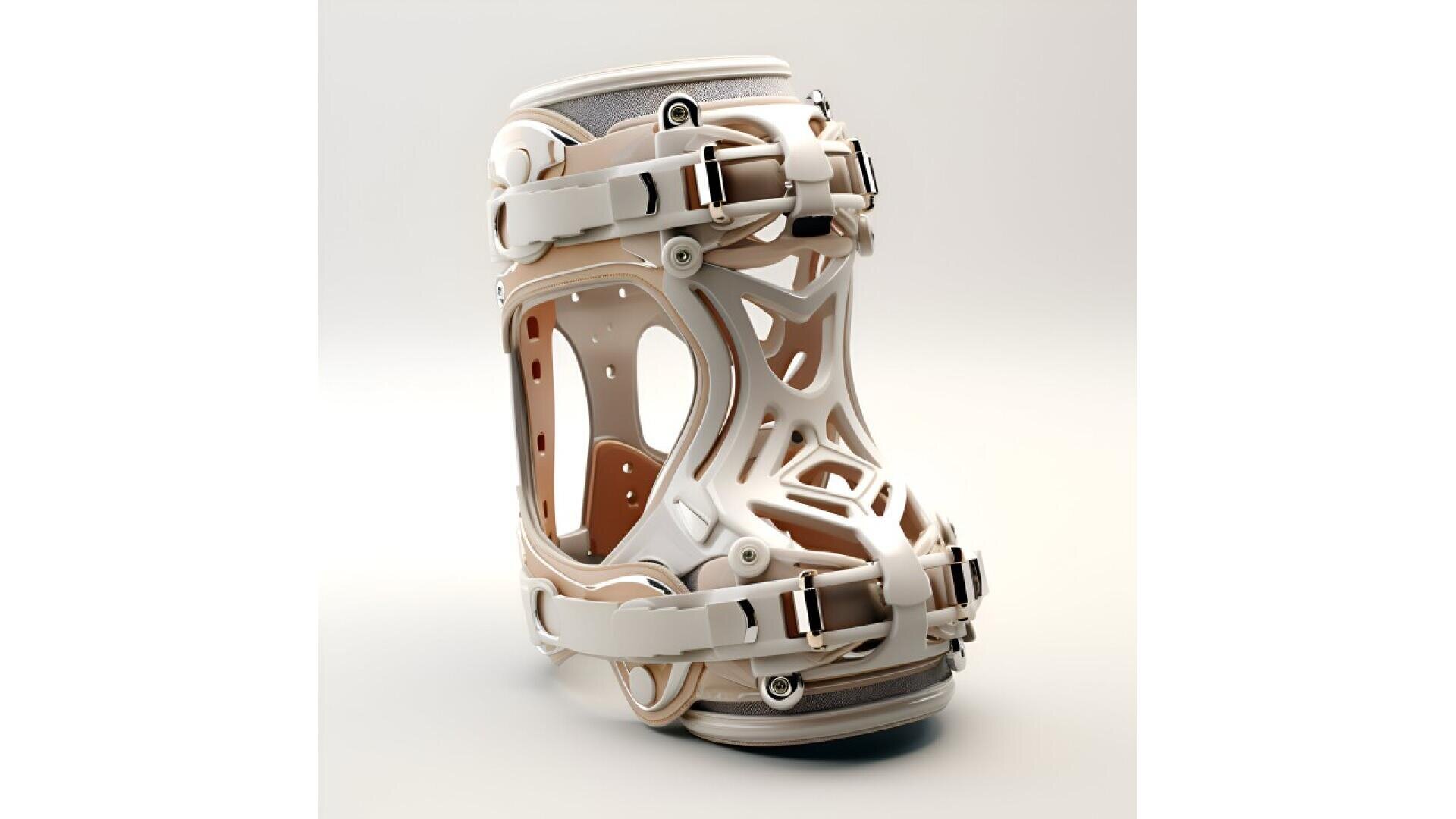 A modern, orthopedic medical boot with a white, lattice-like frame, adjustable straps, and padding, designed to immobilize and support an injured foot or ankle.