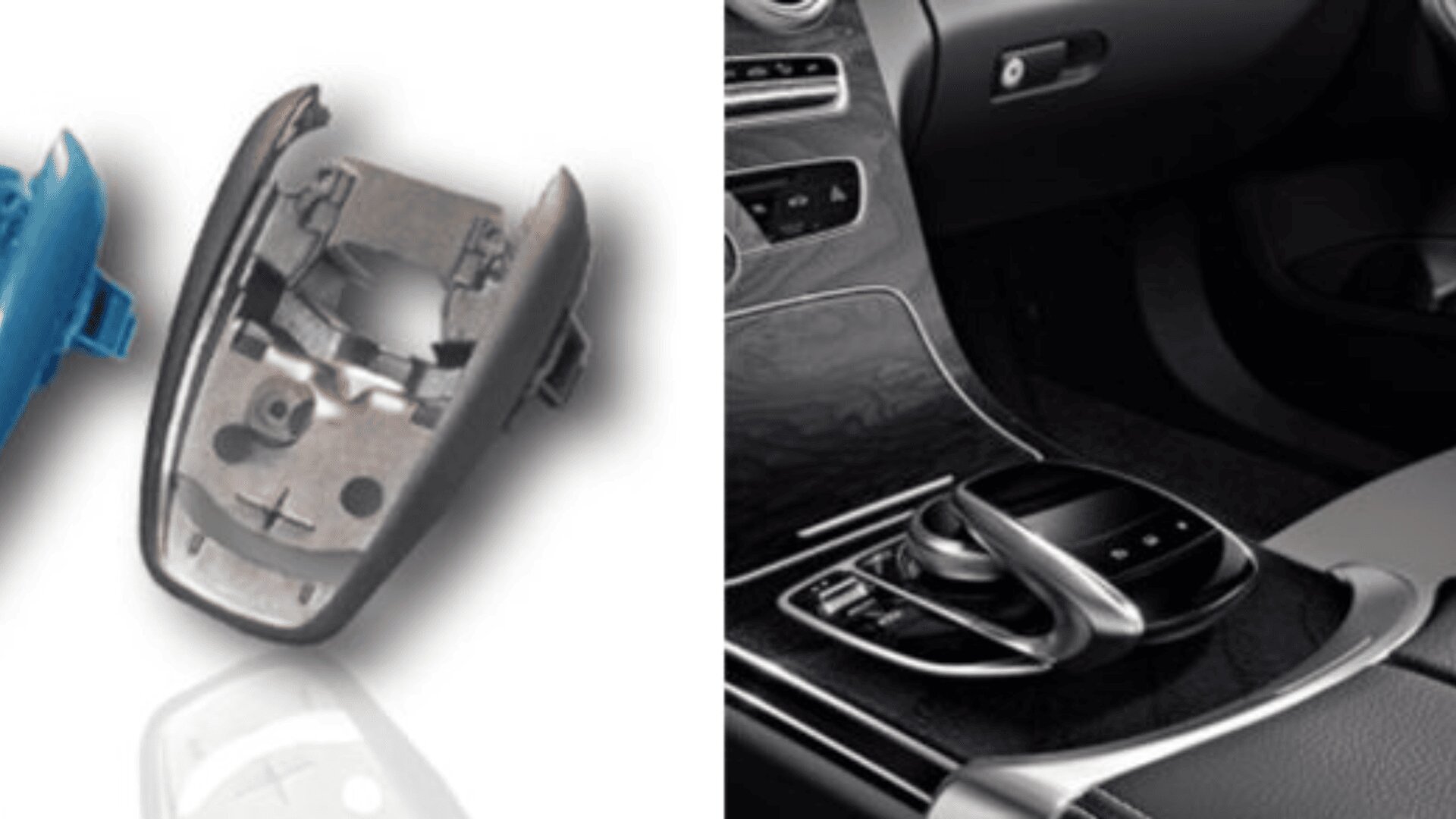 A close-up of a disassembled car controller knob on the left, showing internal components, next to a car’s center console with an assembled control knob on the right.
