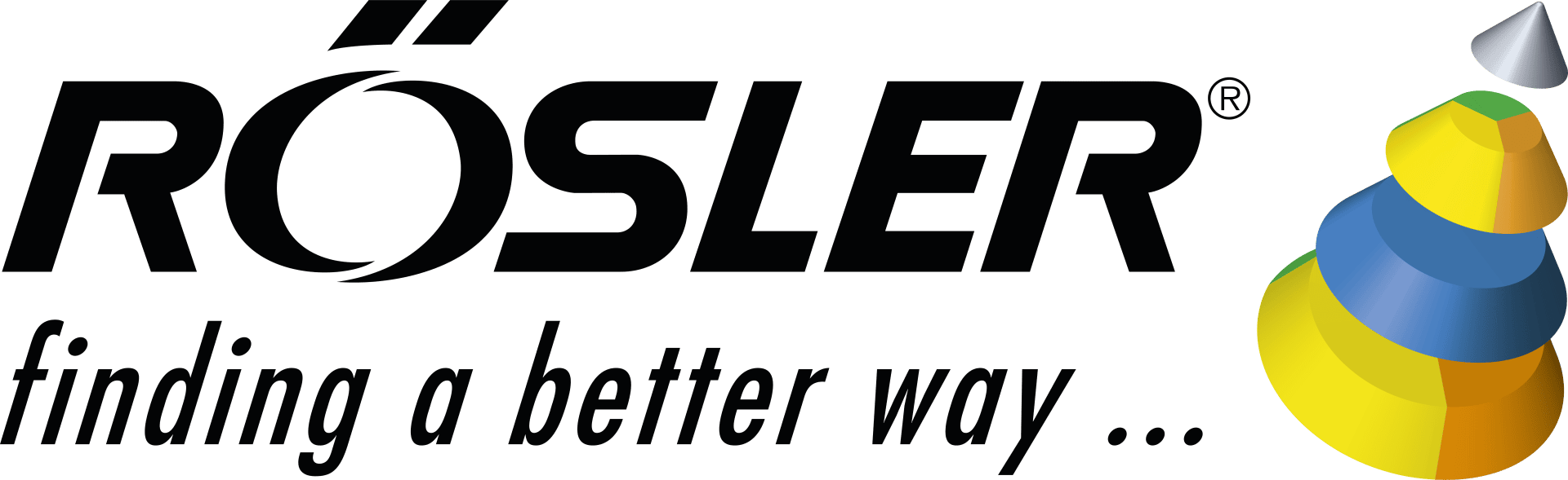 Rösler-Logo mit dem Slogan "Finding a better way ..." in schwarzer Schrift und einer mehrfarbigen, kegelförmigen Grafik auf der rechten Seite.