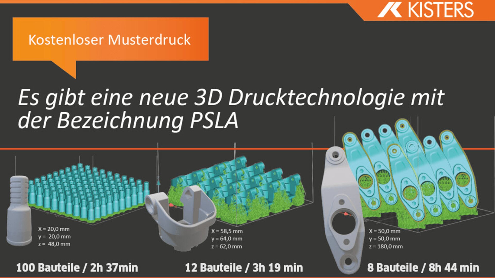 Eine deutsche Anzeige für Kisters PSLA 3D-Druck zeigt gedruckte Teile in Chargen angeordnet. Die Chargengröße und die Druckzeiten sind unten aufgeführt: 100 Teile/2h37m, 12 Teile/3h19m, 8 Teile/8h44m. Text: „Kostenloser Musterdruck“ und PSLA-Informationen.
