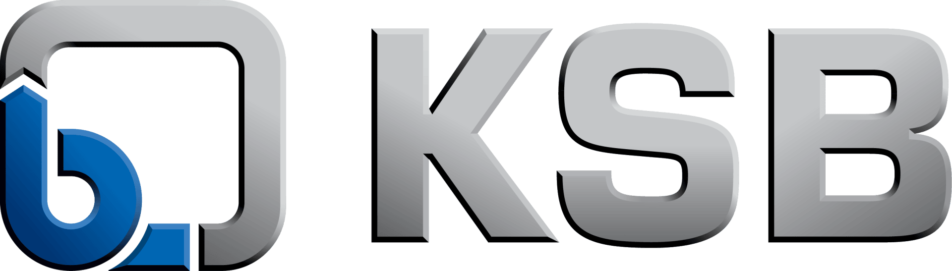 Das KSB-Logo besteht aus den Buchstaben „KSB“ in großer, metallisch grauer Schrift und einem geometrischen Design mit einem blauen und grauen Symbol, das einem stilisierten Buchstaben „b“ und einem nach oben zeigenden Pfeil ähnelt.