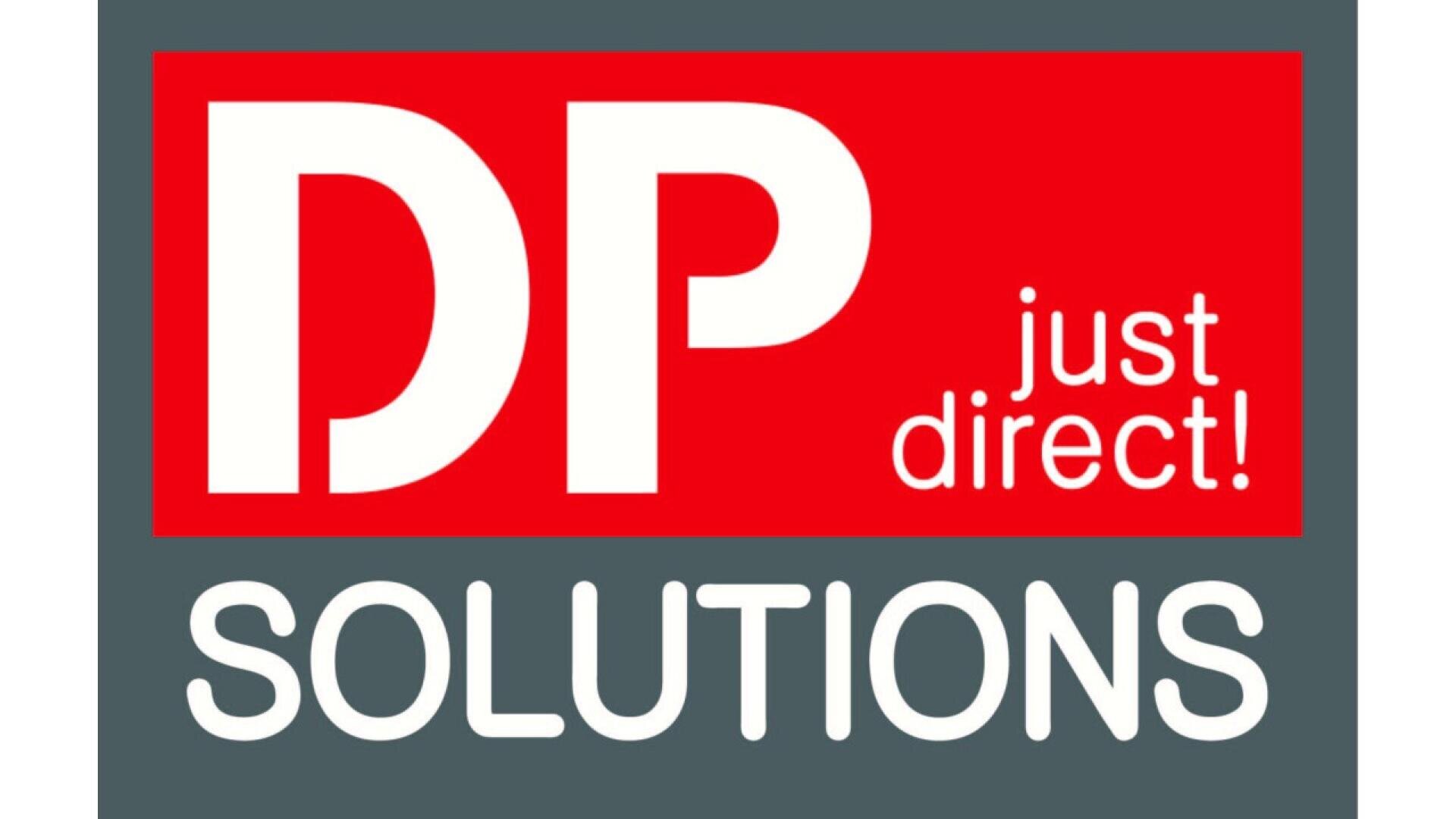 Logo with a red square containing DP in large white letters and just direct! in smaller white text. Below, SOLUTIONS appears in large white letters on a gray background.