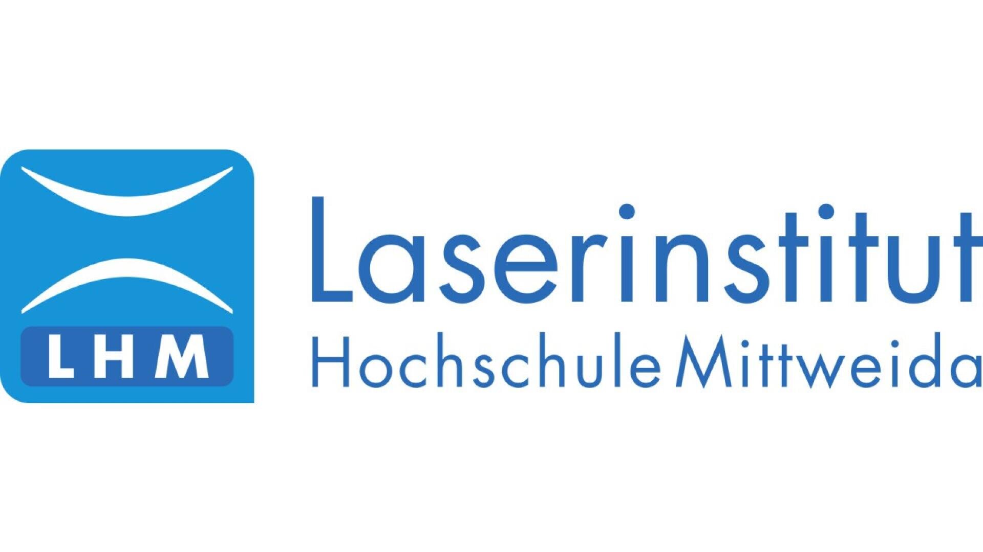 Logo of Laserinstitut Hochschule Mittweida. It features a blue square with white abstract laser beam shapes above the letters LHM, alongside the institutes name in blue text on a white background.