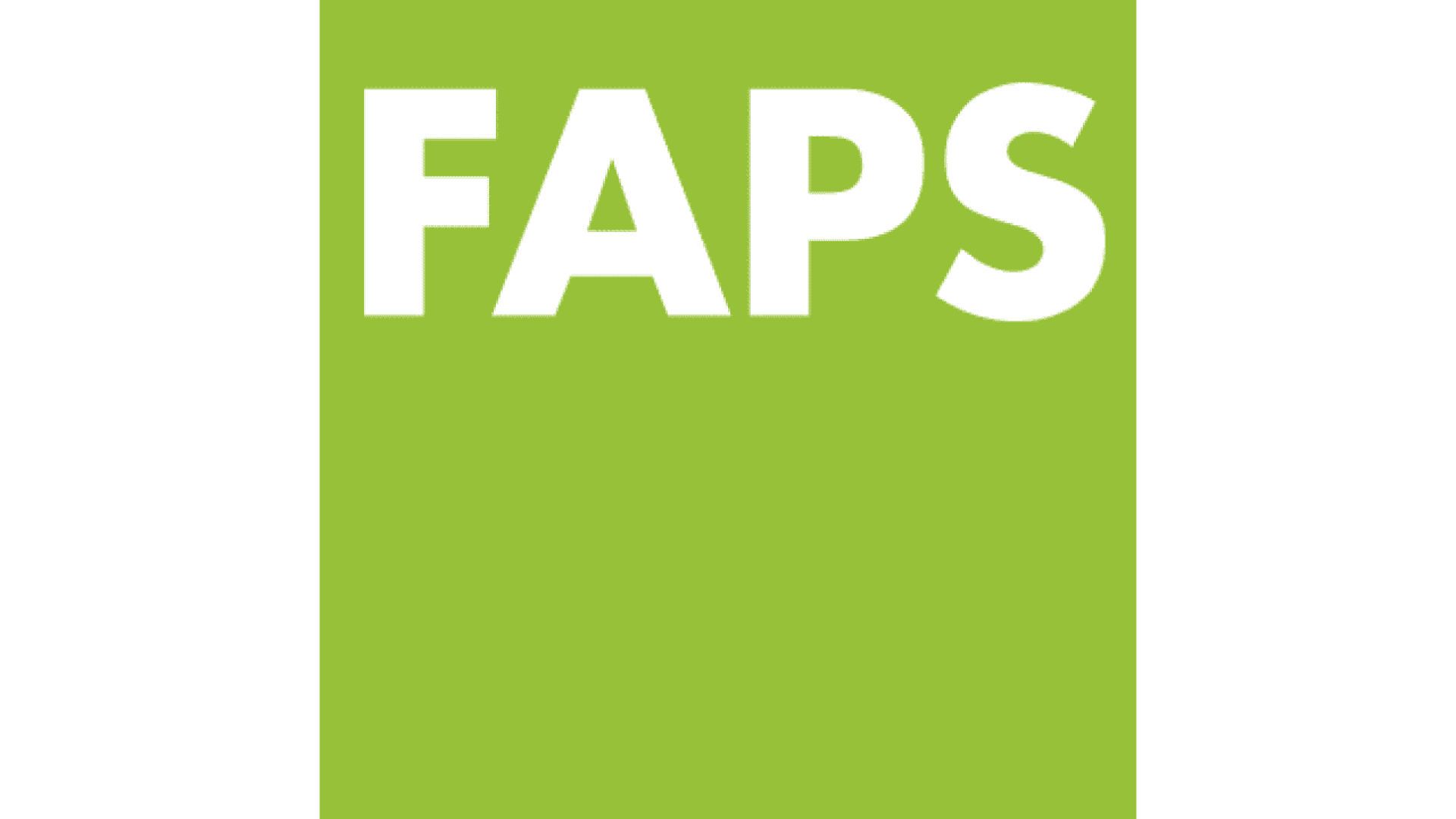 White bold letters spelling FAPS on a solid light green background.