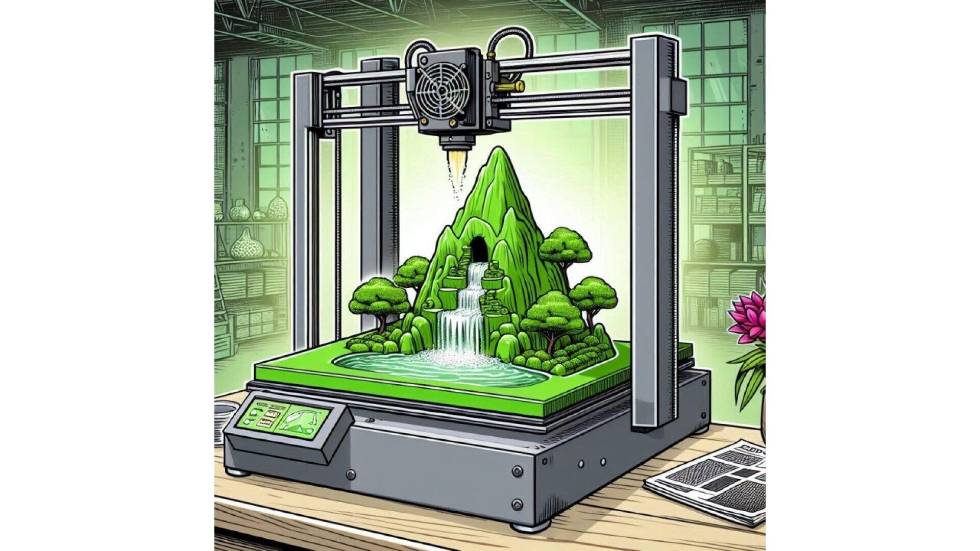 A 3D printer creates a detailed miniature landscape, featuring a green mountain, trees, and a waterfall, set on a workbench in a well-lit workshop with large windows and plants.