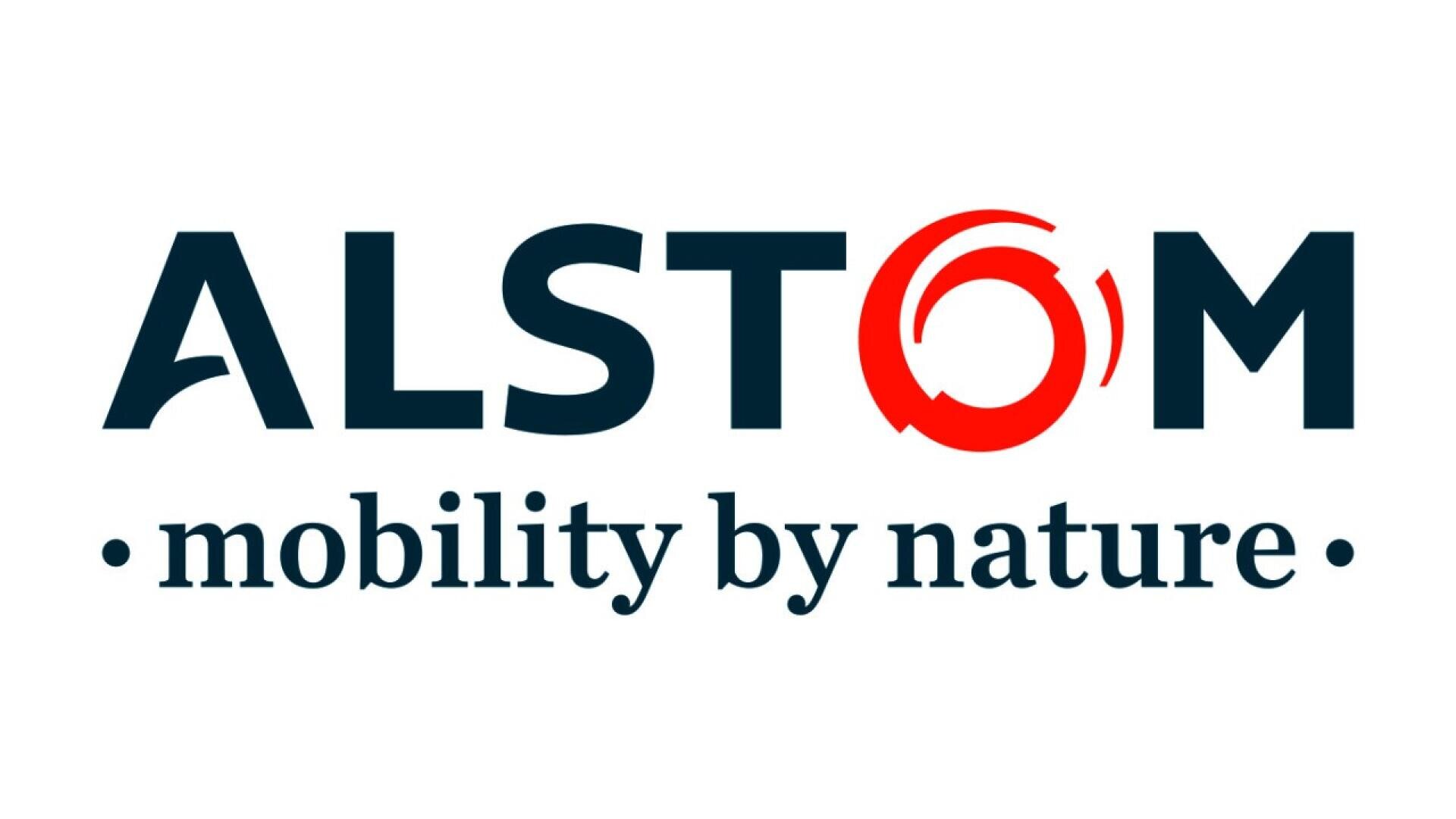 Alstom logo with the tagline “mobility by nature.” The letter “O” in “ALSTOM” is stylized with a red circular design. The text is on a white background.