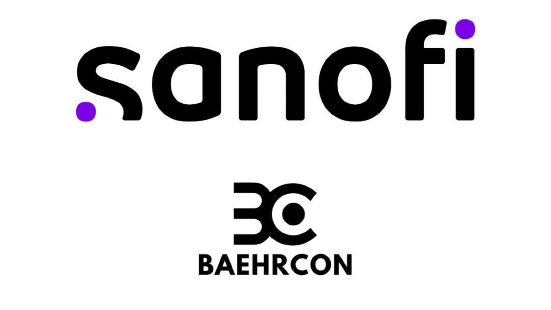 The image features the sanofi logo in bold black lowercase letters with purple dots on the s and i, above the BAEHRCON logo, which includes a stylized BC and the text BAEHRCON below it.