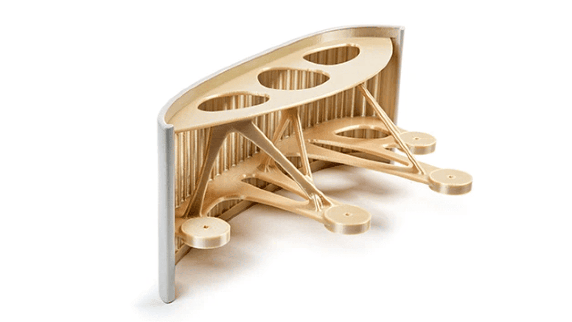 A 3D-printed, gold-colored structural component with three circular holes and intricate internal support beams, displayed on a white background.