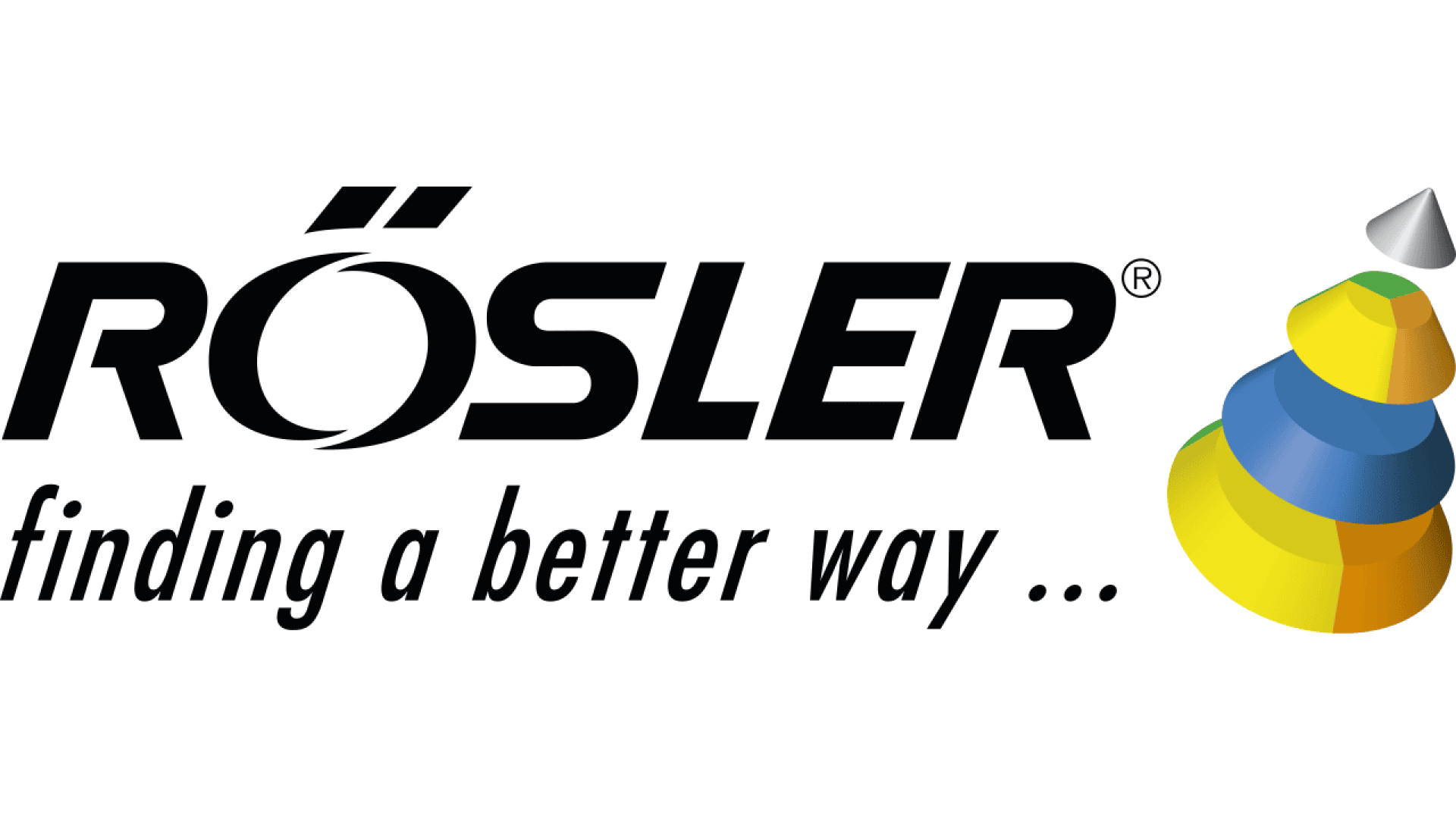 Rösler logo with the text “Rösler finding a better way ...” in black and a colorful abstract spiral cone graphic on the right, consisting of blue, yellow, and green segments with a gray tip.