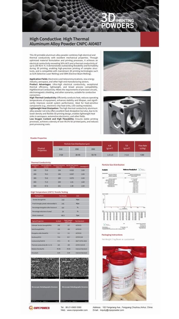 A product information sheet for CNPC-AI0407 aluminum alloy powder shows text details, technical tables, close-up metal images, a powder texture, a graph, and bottles labeled “3D Printing Powders.”.