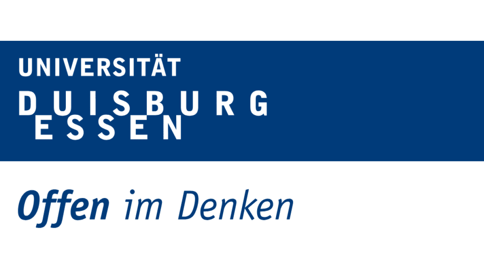 Logo of Universität Duisburg-Essen with the words Offen im Denken below, on a blue and white background.