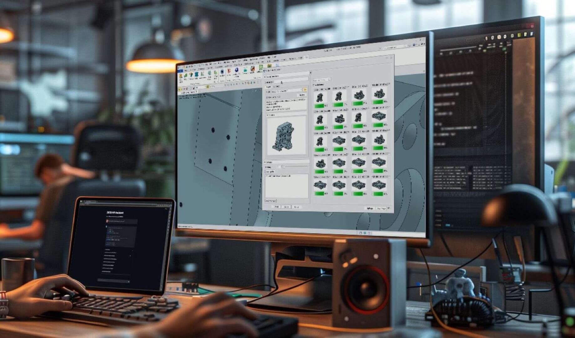 Eine Person arbeitet an einem Schreibtisch. Auf einem großen Monitor läuft 3D-Modellierungssoftware. Daneben steht ein geöffneter Laptop. Der Arbeitsbereich ist mit verschiedenen technischen Geräten ausgestattet, der Hintergrund ist unscharf.