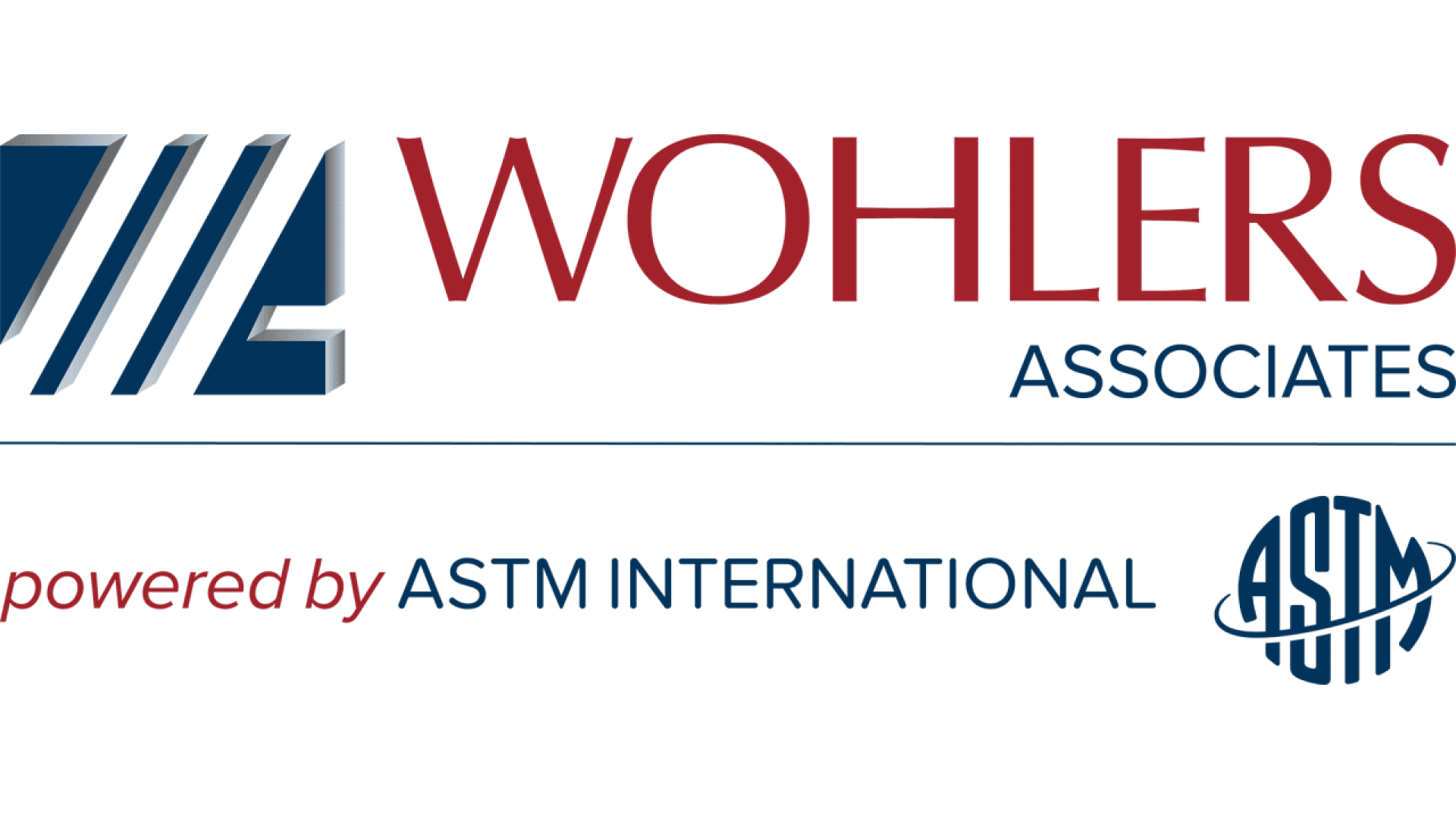 Logo featuring the text WOHLERS ASSOCIATES with a blue and gray abstract design, and below, powered by ASTM INTERNATIONAL with the ASTM logo on the right.