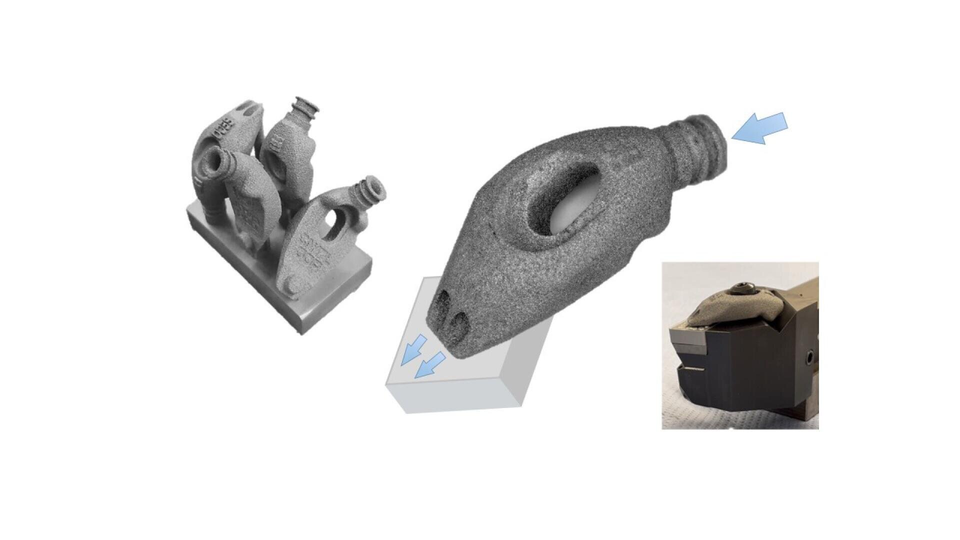 Three industrial metal parts, including a gray cast component, a textured elongated part with a threaded end (highlighted by a blue arrow), and a rectangular cutting tool with an insert, partially inset at the bottom right.