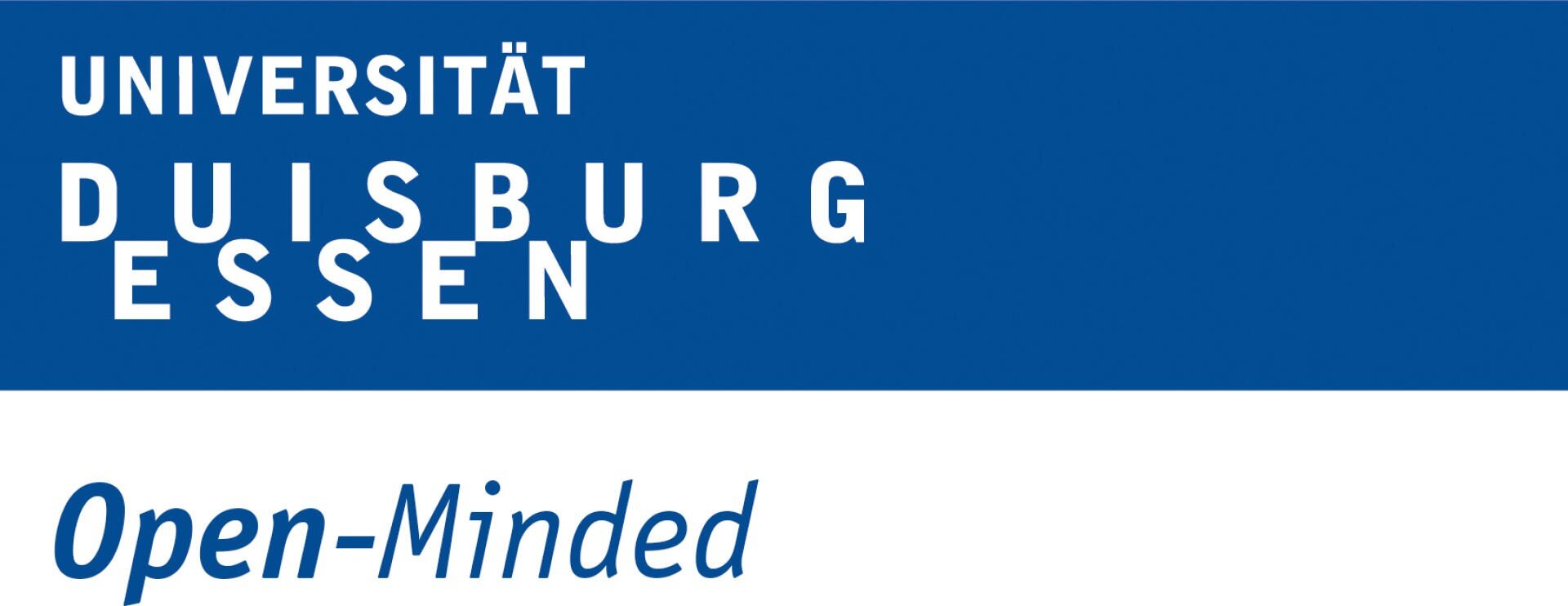 Logo der Universität Duisburg-Essen mit blauen und weißen Farben. Der Text lautet: UNIVERSITÄT DUISBURG ESSEN und darunter, Open-Minded in kursiver blauer Schrift.
