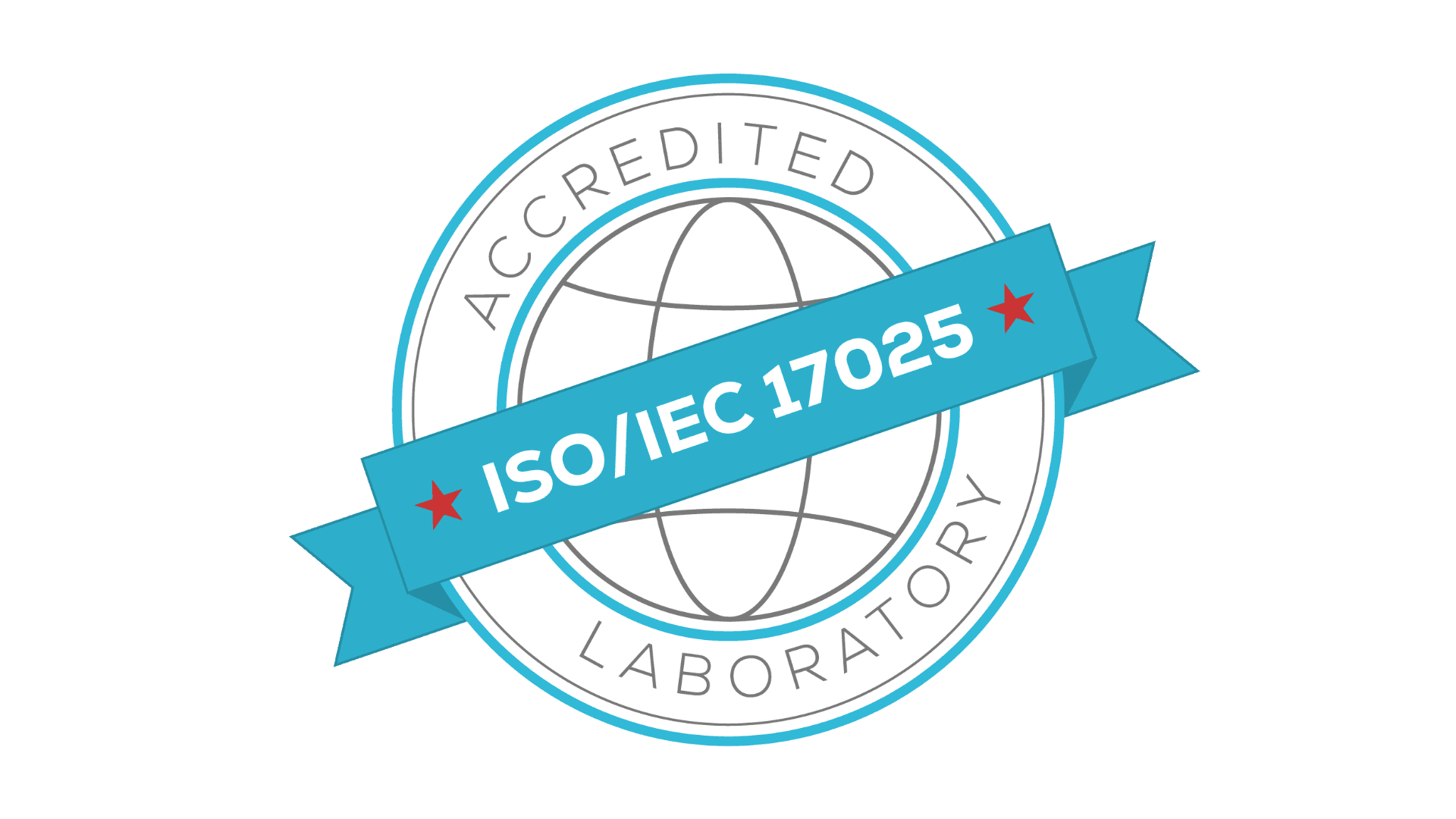 Ein blaues Band mit der Aufschrift „ISO/IEC 17025“ kreuzt ein rundes Abzeichen mit der Aufschrift „Accredited Laboratory“, im Hintergrund ist der Umriss eines Globus zu sehen.