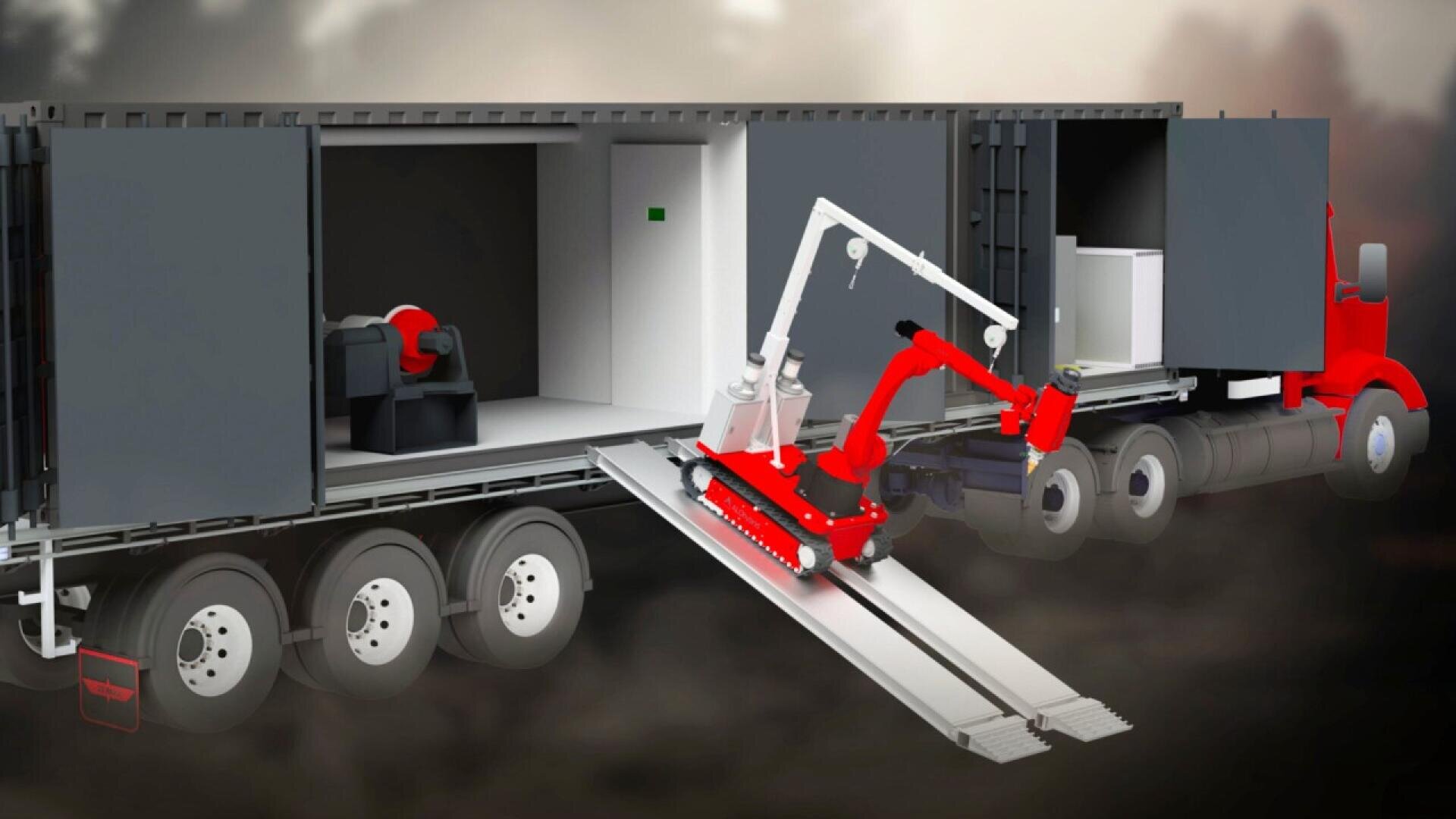 A red robotic arm mounted on a tracked platform exits a truck trailer via metal ramps, with trailer side doors open revealing controls and equipment inside. The scene appears in a misty outdoor setting.