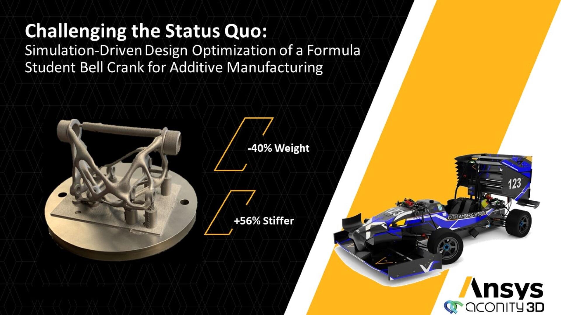 Gezeigt werden ein konstruiertes Metall-Kurbelteil und ein blauer Formula Student-Rennwagen. Der Text hebt eine Gewichtsreduzierung von 40 % und eine Erhöhung der Steifigkeit um 56 % durch simulationsgestützte Designoptimierung hervor. Die Logos für Ansys und Aconity3D sind sichtbar.
