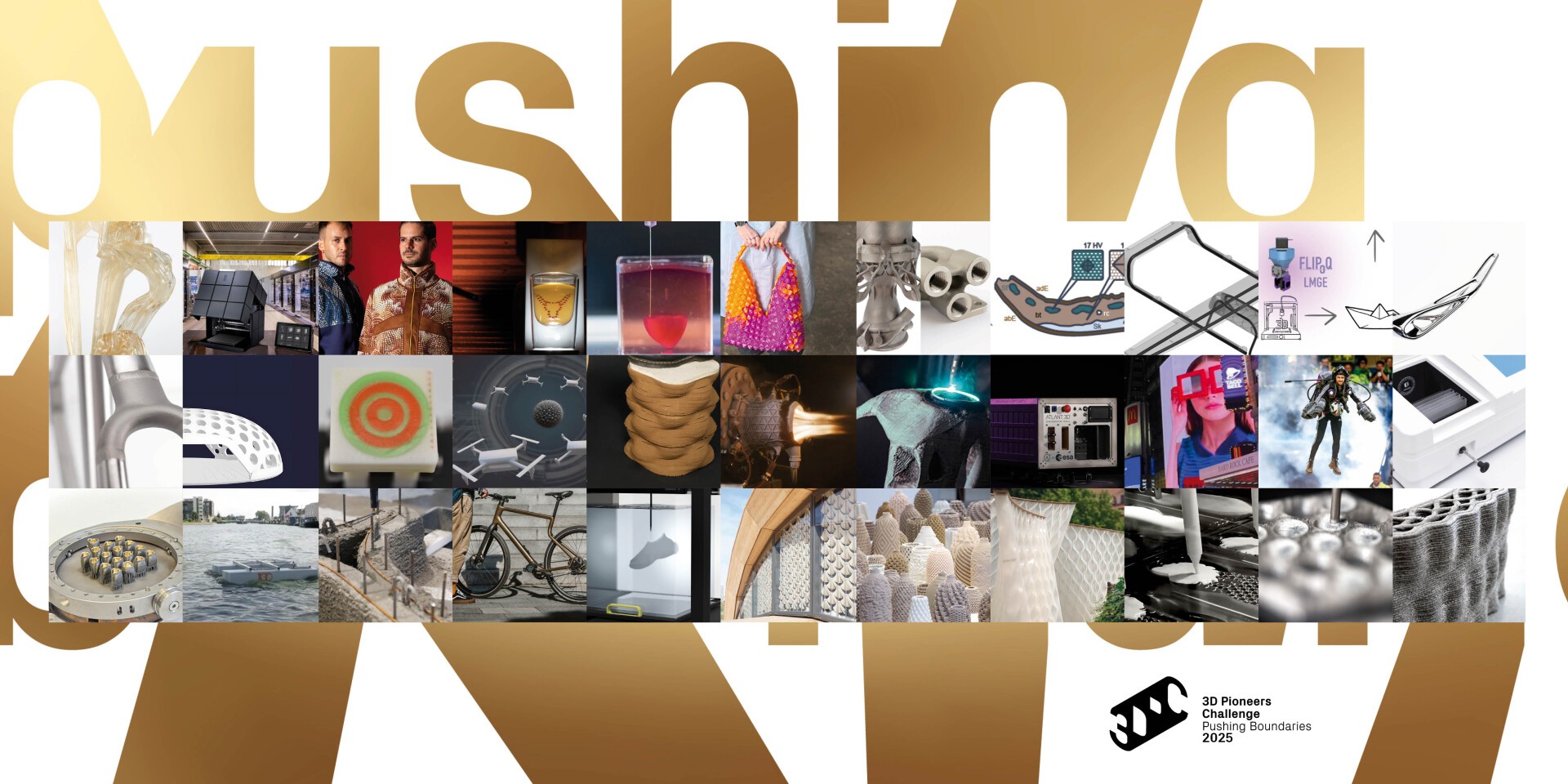Eine Collage aus verschiedenen 3D-gedruckten Objekten und Technologien ist in einem Raster angeordnet, das über einem großen goldenen Text liegt, mit einem Logo und den Worten „3D Pioneers Challenge“ unten rechts.