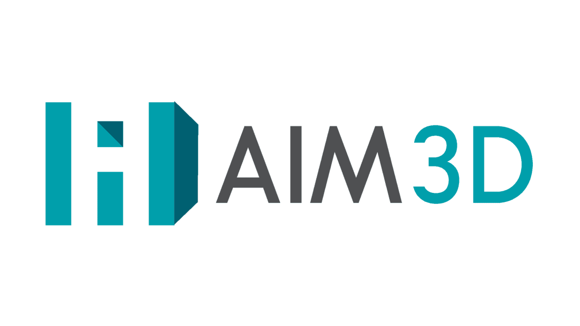 Logo for AIM3D featuring stylized geometric shapes forming the letters AIM, followed by 3D in turquoise blue. The design combines dark gray and turquoise colors with a modern, clean look.