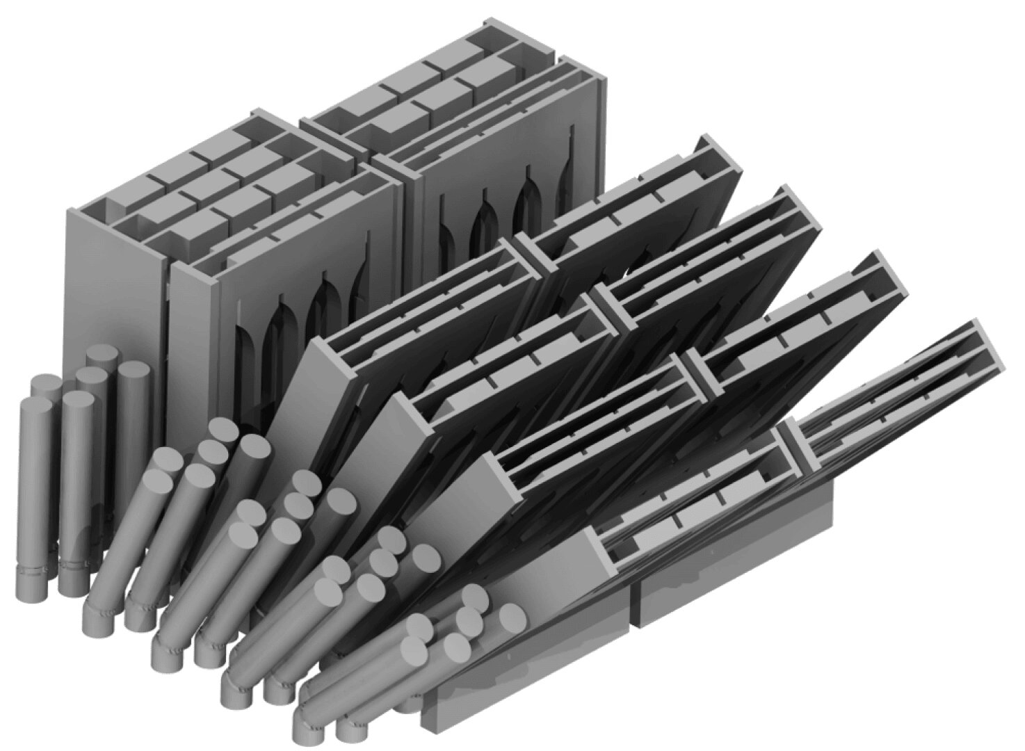 3D-Darstellung mehrerer Raketenwerfergestelle mit mehreren zylindrischen Raketen, von denen einige in abgewinkelten Abschussrohren geladen und andere neben den Gestellen platziert sind. Das Bild ist in Graustufen gehalten.