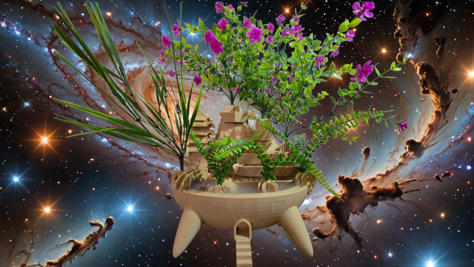 A wooden planter with green plants and pink flowers arranged inside sits against a vivid, swirling galaxy background filled with stars and cosmic clouds.