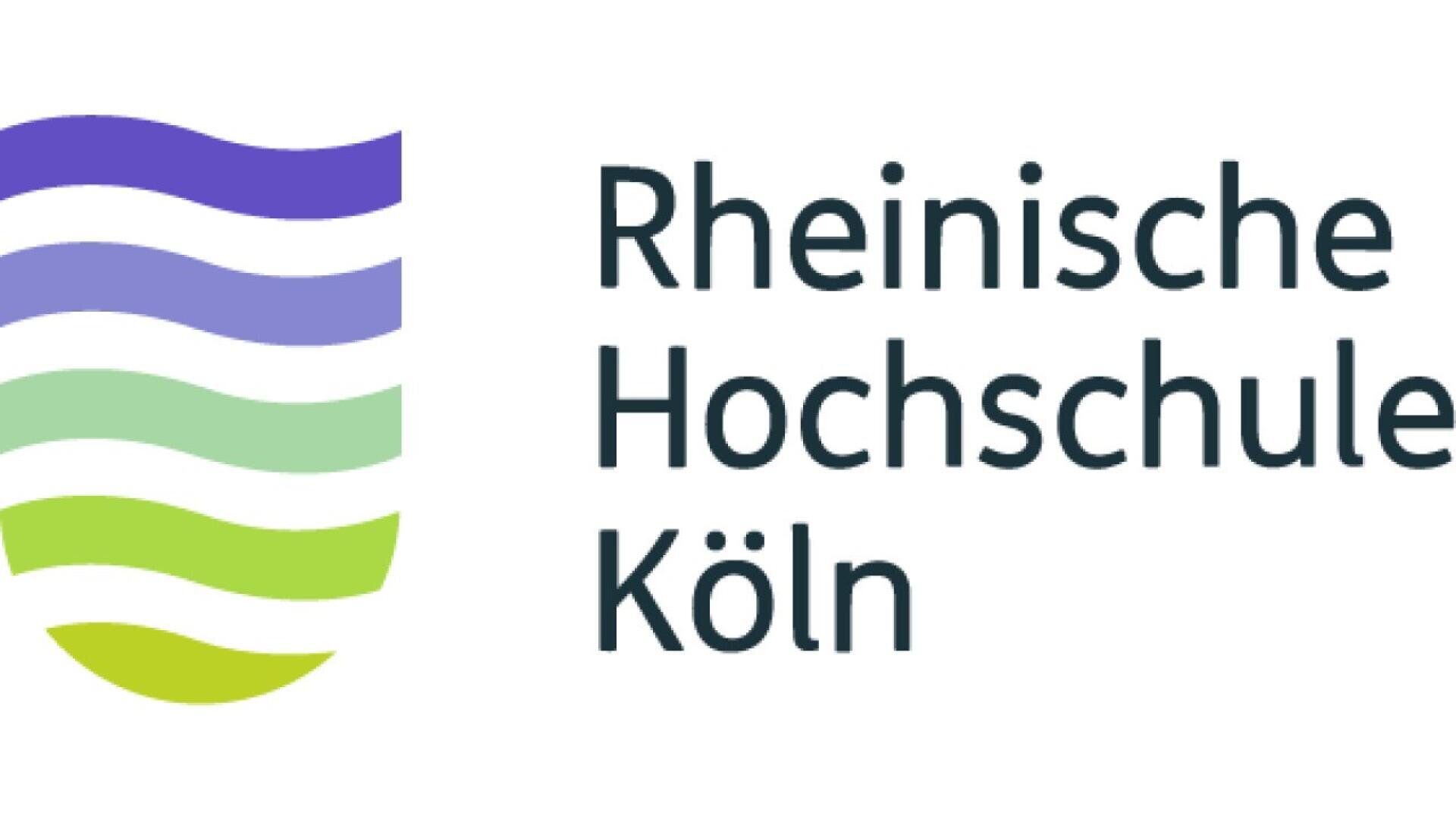 Logo of Rheinische Hochschule Köln featuring four wavy lines in different shades of blue and green on the left, and the text Rheinische Hochschule Köln in dark gray on the right.