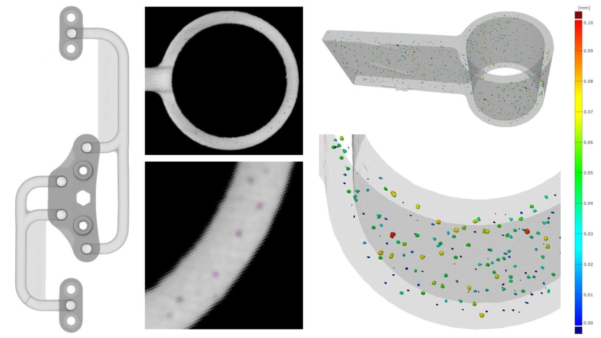 Composite image showing a 3D-rendered mechanical part, cross-sectional views, and color-coded dots representing data points. A color scale bar from blue to red indicates values from 0.02 to 0.10 millimeters.