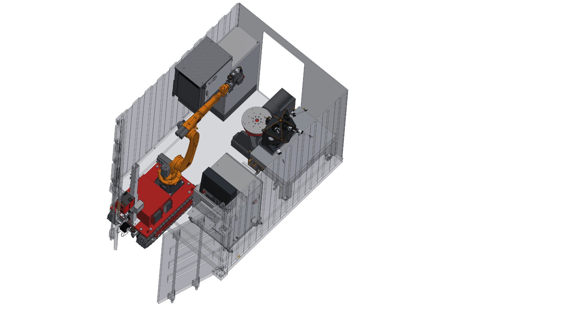 3D rendering of an industrial robotic arm inside a transparent enclosure, interacting with machinery and a worktable. The setup appears to be designed for automated manufacturing or assembly tasks.