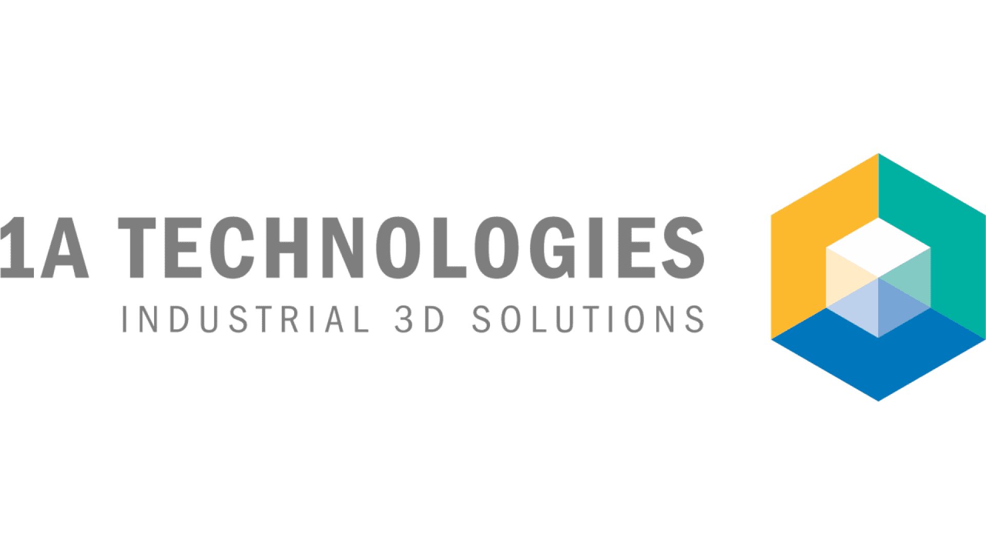 Logo for 1A Technologies with the text INDUSTRIAL 3D SOLUTIONS and a geometric cube design in yellow, teal, and blue on the right side. The background is white.