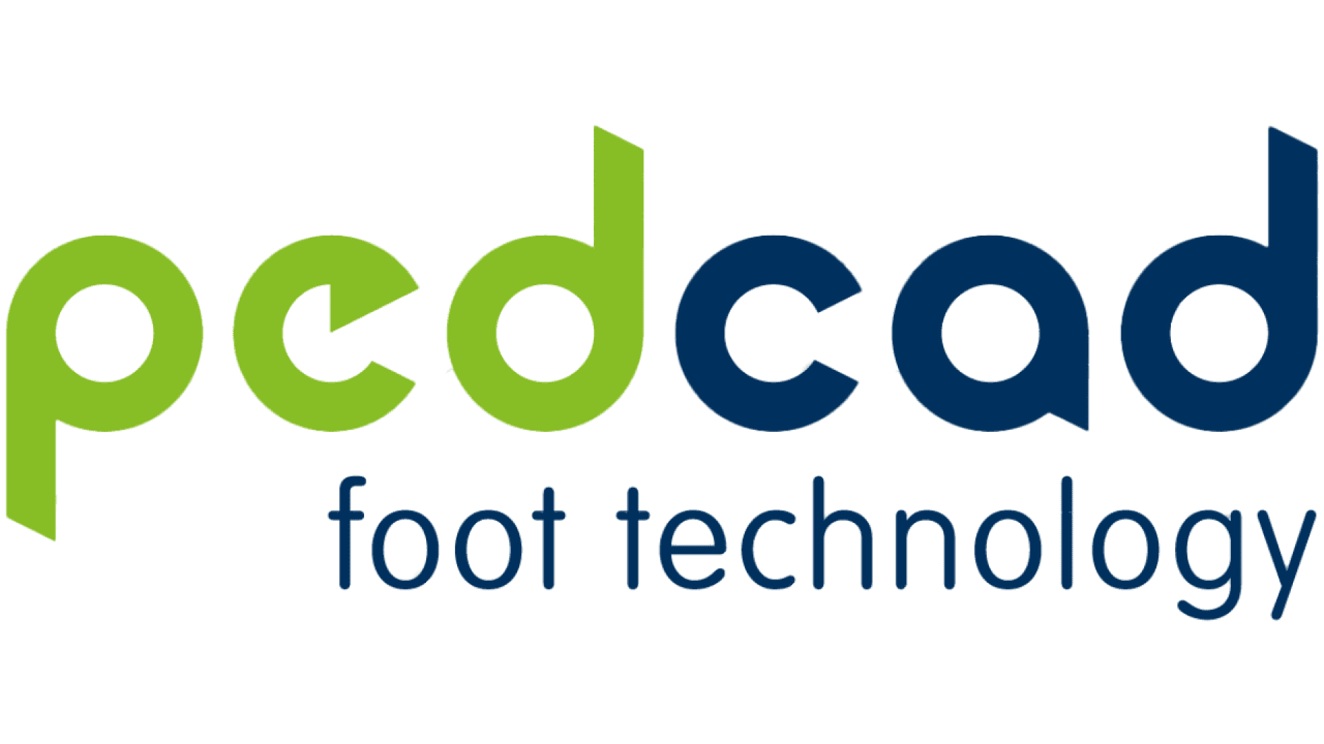 Logo for pedcad foot technology with ped in green lowercase letters and cad and foot technology in dark blue lowercase letters, all on a white background.