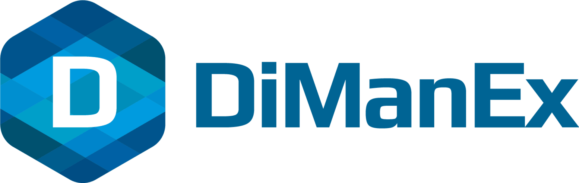 Das DiManEx-Logo zeigt eine stilisierte blaue geometrische Form mit einem weißen D in der Mitte, gefolgt von dem Firmennamen DiManEx in blauer Schrift.