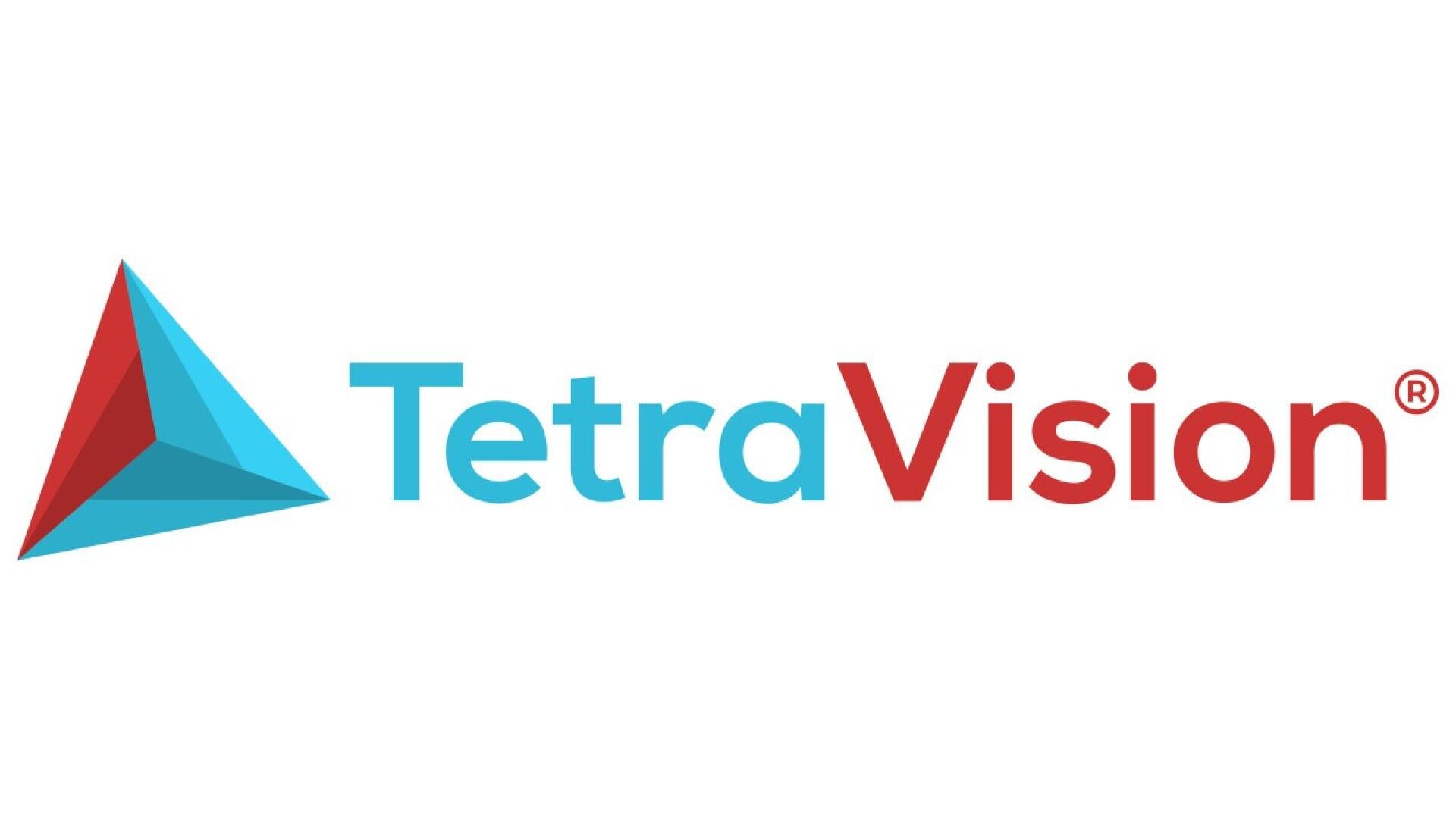 Logo for TetraVision featuring a 3D triangular shape in red and blue to the left of the brand name “TetraVision,” with “Tetra” in blue and “Vision” in red, on a white background.