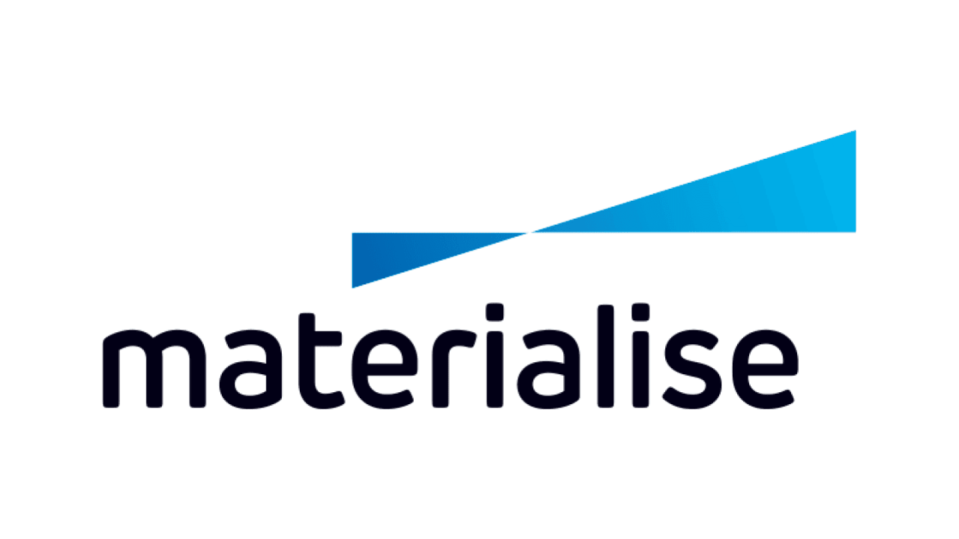The Materialise logo features the word materialise in lowercase black letters, with a blue geometric shape resembling a rising arrow or folded paper positioned above the text.