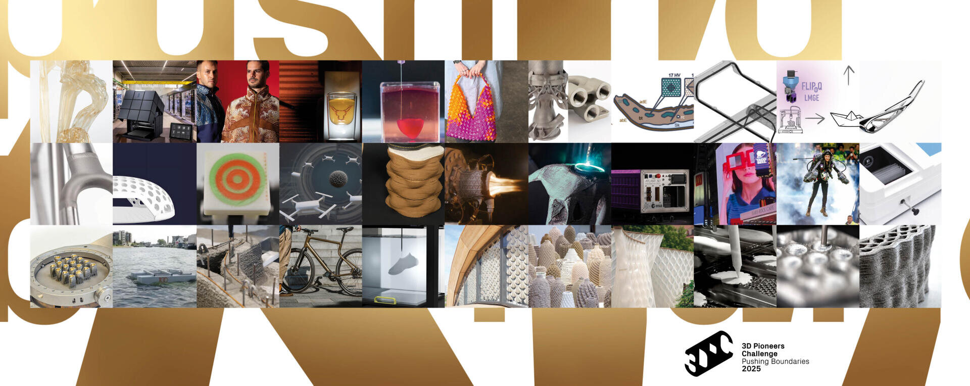 Eine Collage aus innovativen Design- und Technologiebildern, darunter 3D-gedruckte Objekte, Kunstinstallationen, Werkzeuge, Modelle, Robotik und kreative Materialien, überlagert auf fetter goldener Typografie mit dem Logo der 3D Process Challenge unten rechts.