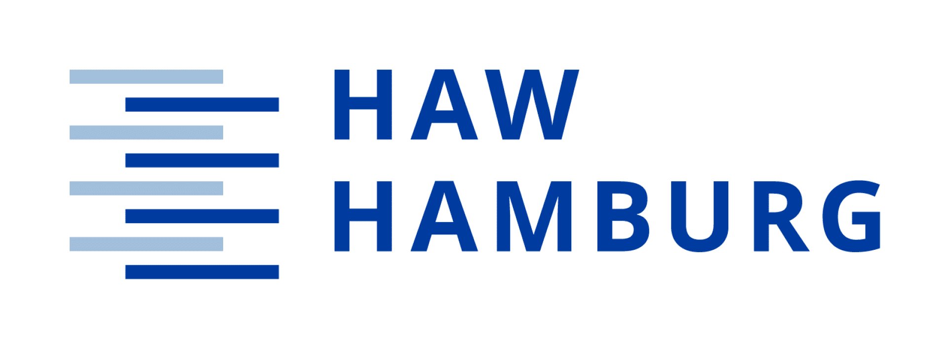 Logo der HAW Hamburg mit blauen horizontalen Linien unterschiedlicher Länge neben dem fettgedruckten blauen Text HAW HAMBURG auf weißem Hintergrund.